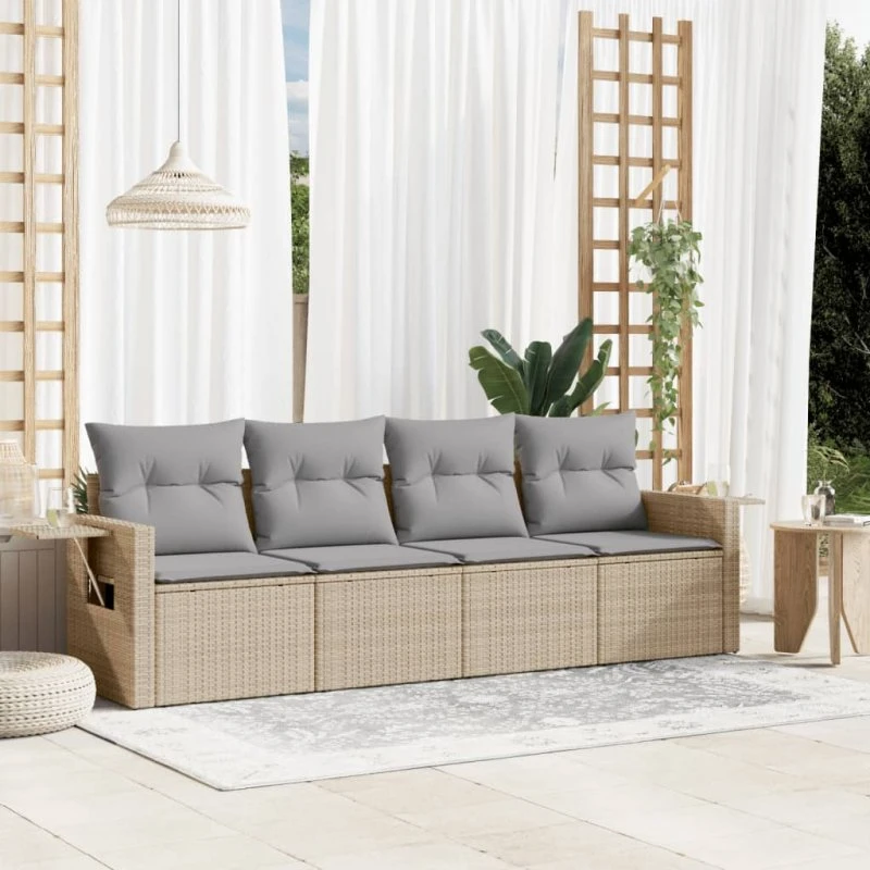 Havesofasæt 4 dele i beige polyrattan med hynder