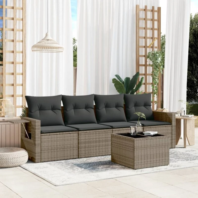 Havesofasæt 5 dele i polyrattan med hynder - grå