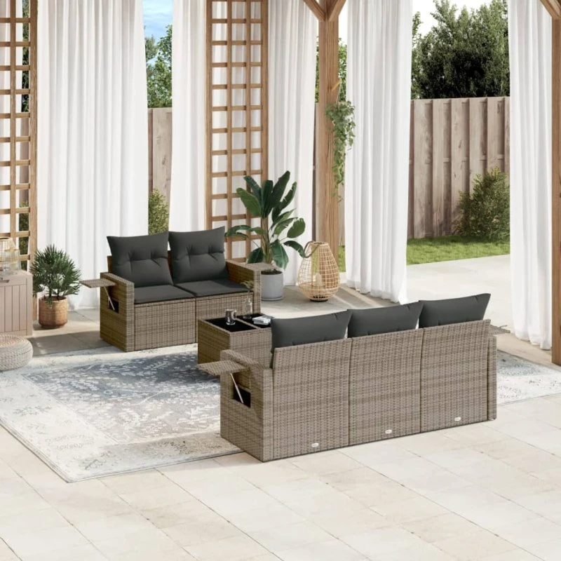 Havesofasæt i polyrattan 6 dele med hynder - Grå
