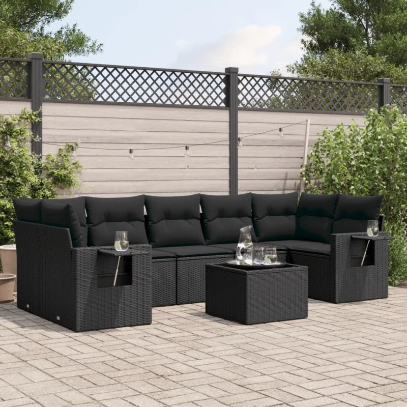 Havesofasæt 8 dele i sort polyrattan med hynder