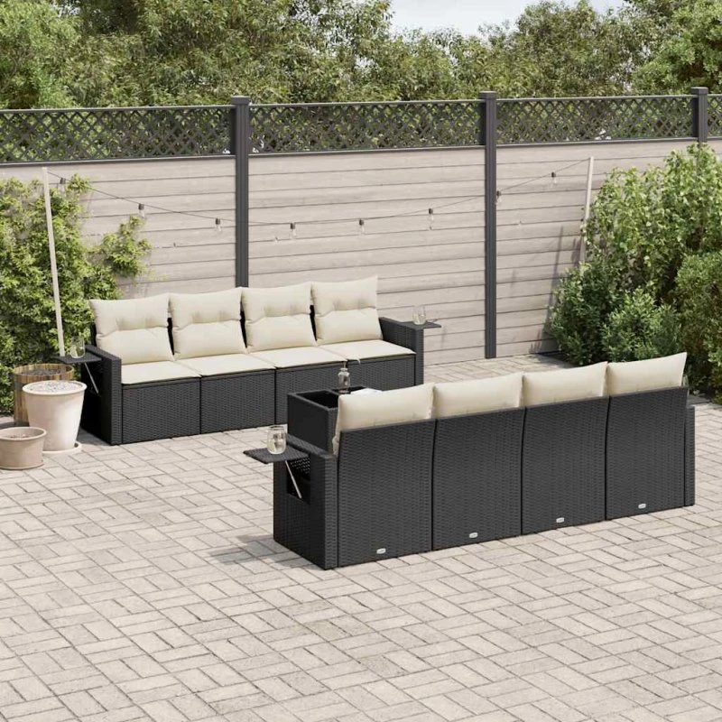 Sofasæt til have 9 dele i sort polyrattan med hynder