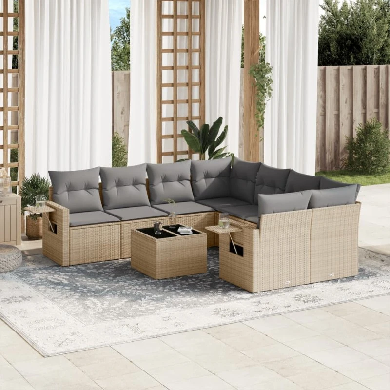 Havesofasæt 9 dele i polyrattan beige inkl. hynder
