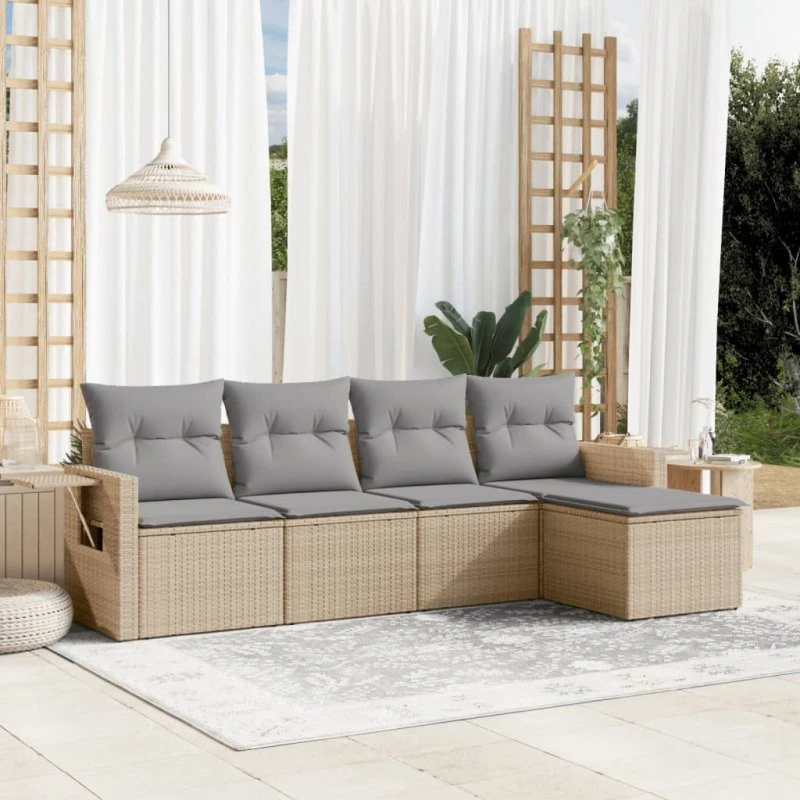 Havesofasæt 5 dele i beige polyrattan med hynder