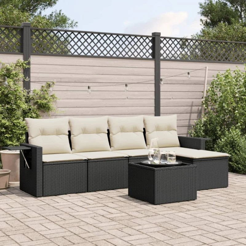 Havesofa sæt 6 dele i sort polyrattan med hynder