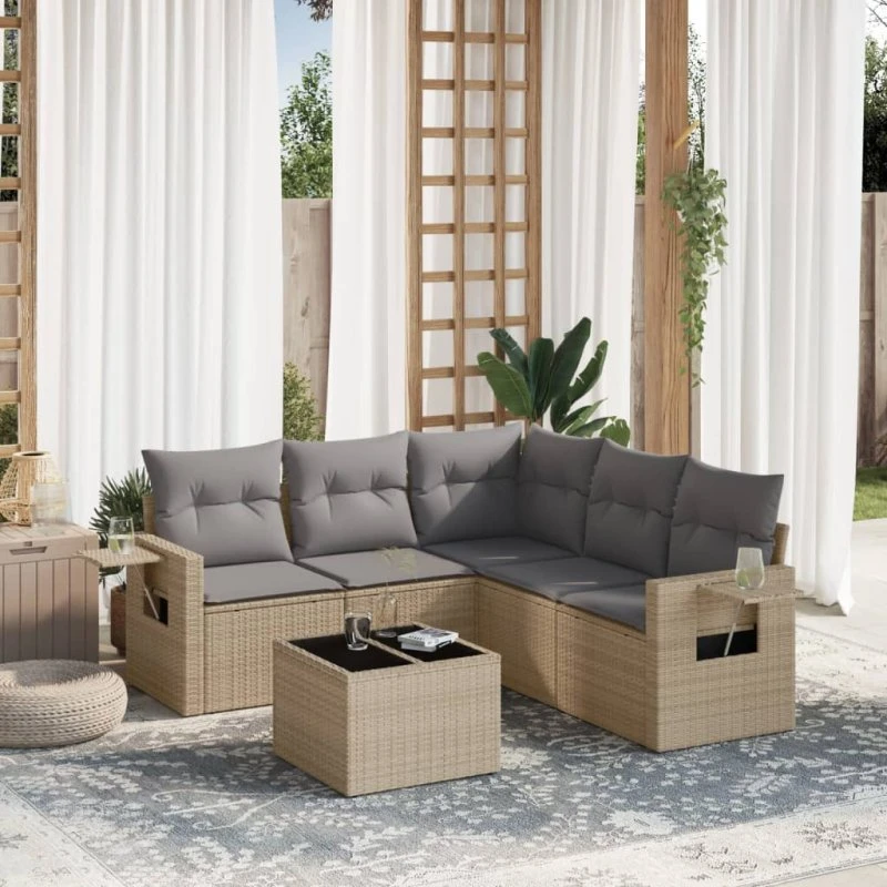 Havesofasæt 6 dele i polyrattan med hynder - beige