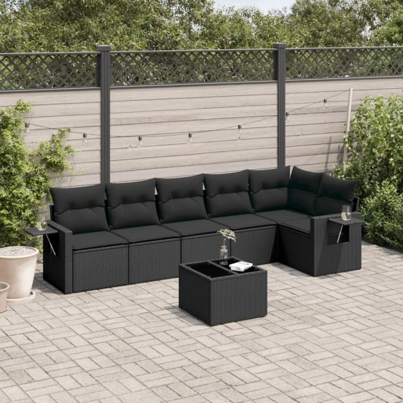 Havesofa sæt 7 dele i sort polyrattan med hynder