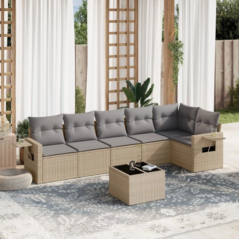 7-delers havemøbelsæt i polyrattan med hynder, beige