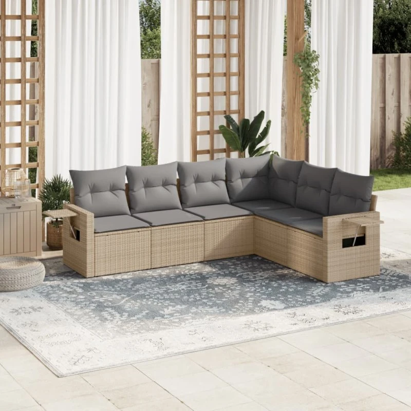 6-del sofasæt i polyrattan med hynder, beige