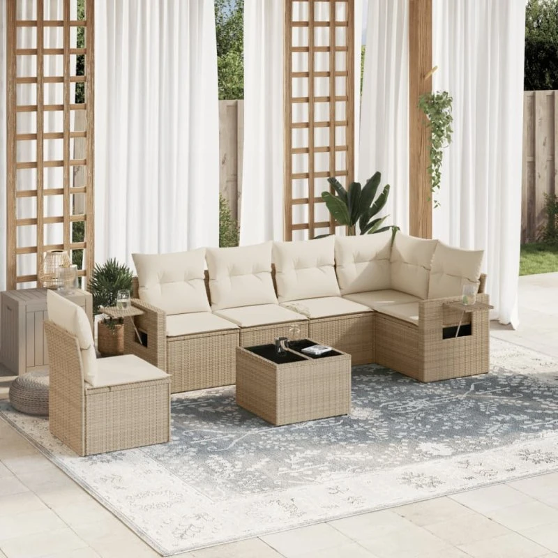 Havesæt 7 dele i polyrattan med hynder – beige