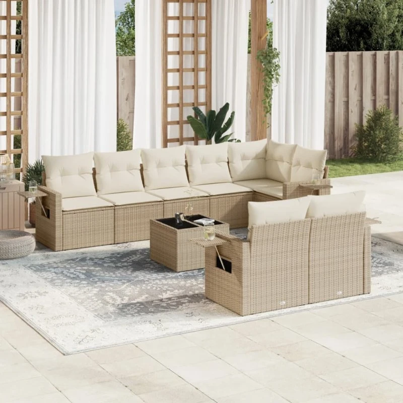 Havesofasæt 9 dele i beige polyrattan med hynder