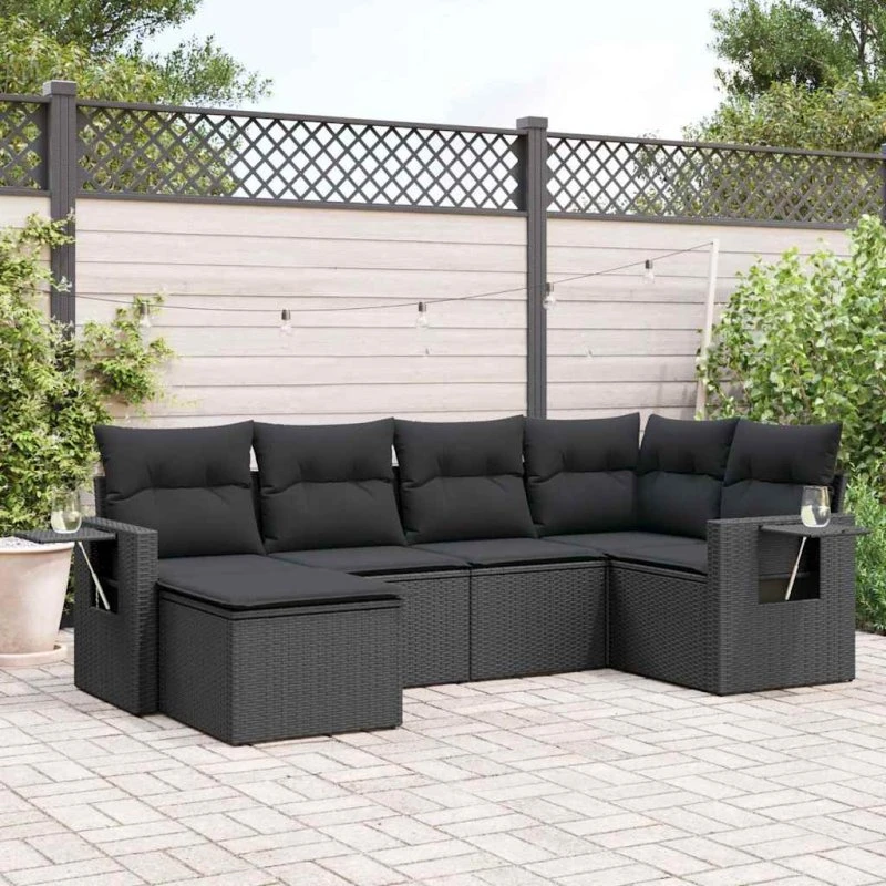 Sofasæt til haven 6 dele i sort polyrattan med hynder