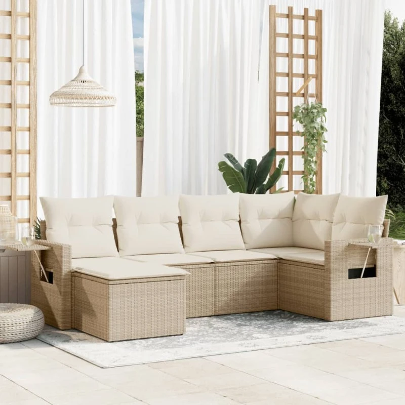 Havesofasæt 6 dele i polyrattan beige med hynder