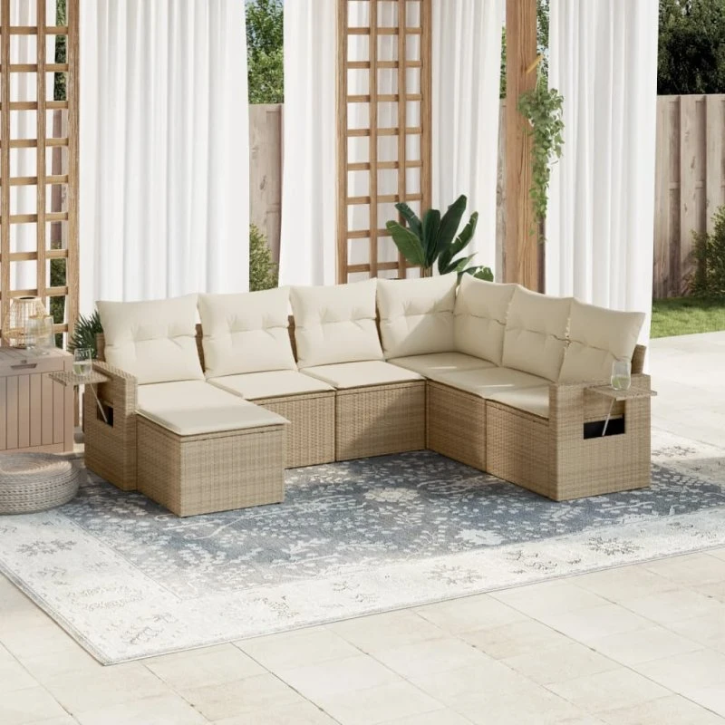 Sofasæt til haven 7 dele i polyrattan med hynder (beige)