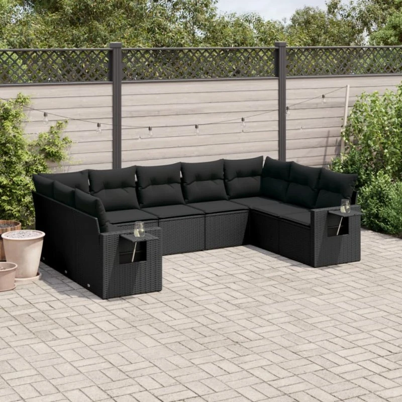 Havesofa sæt 9 dele i sort polyrattan med hynder