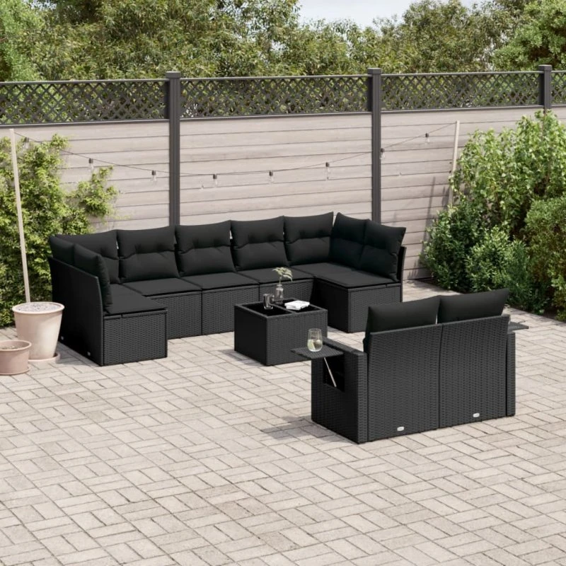 Havesofasæt 10 dele i sort polyrattan med hynder