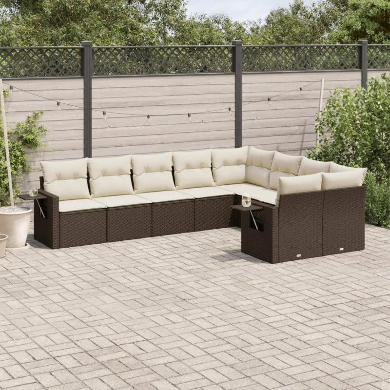 Havesofasæt 9 dele i brun polyrattan med hynder