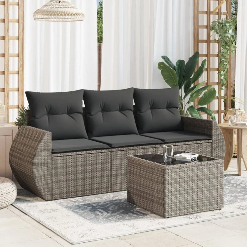 Havesofasæt 4 dele i grå polyrattan med hynder