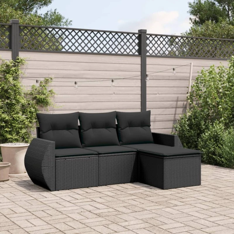 Havesofasæt 4 dele i sort polyrattan med hynder