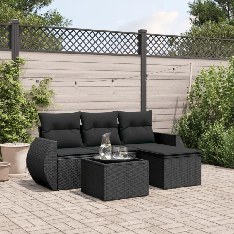 Havesæt 5 dele i sort polyrattan med hynder