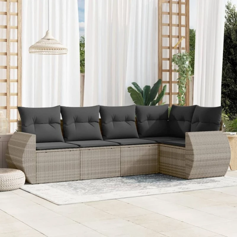 Sofasæt 5 dele i polyrattan med hynder - lysegrå