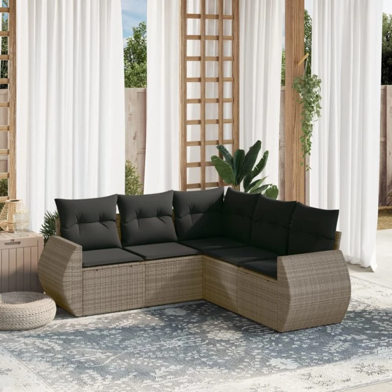 5-dele sofasæt i polyrattan med hynder - grå