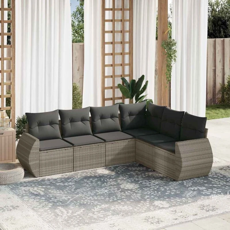 Havesofasæt 6 dele i lysegrå polyrattan med hynder