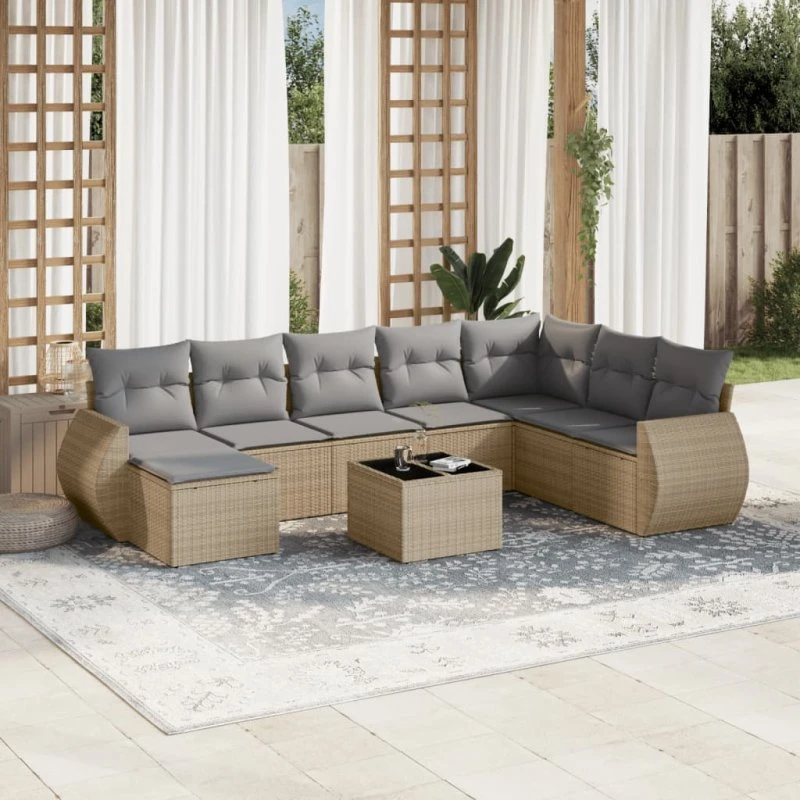 Sofasæt til haven 9 dele i beige polyrattan med hynder
