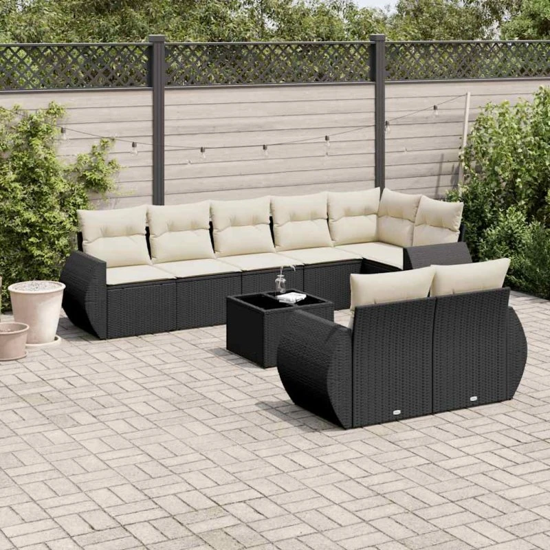 9-dele polyrattan sofasæt til haven med hynder, sort