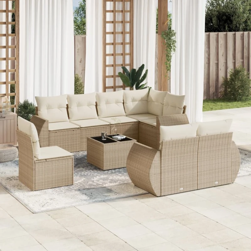 Havesofasæt 9 dele i polyrattan med hynder – beige