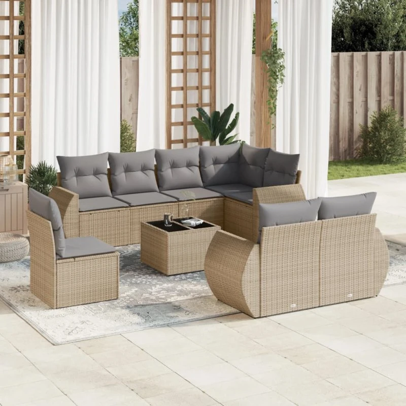Sofasæt til haven 9 dele i beige polyrattan med hynder