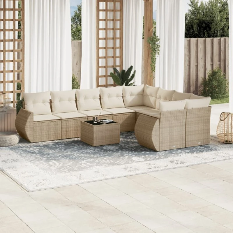 Havesofasæt 10 dele i polyrattan med hynder - Beige