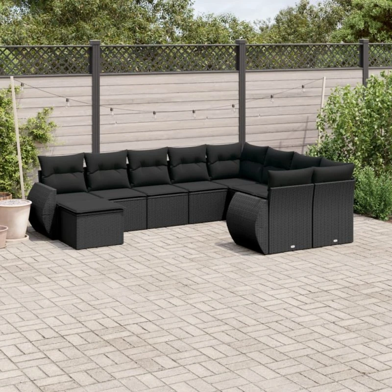 Havesofasæt 10 dele sort polyrattan med hynder