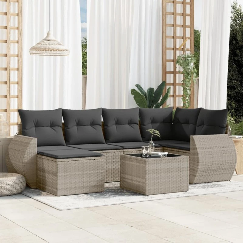Havesofasæt 7 dele i polyrattan lysegrå med hynder