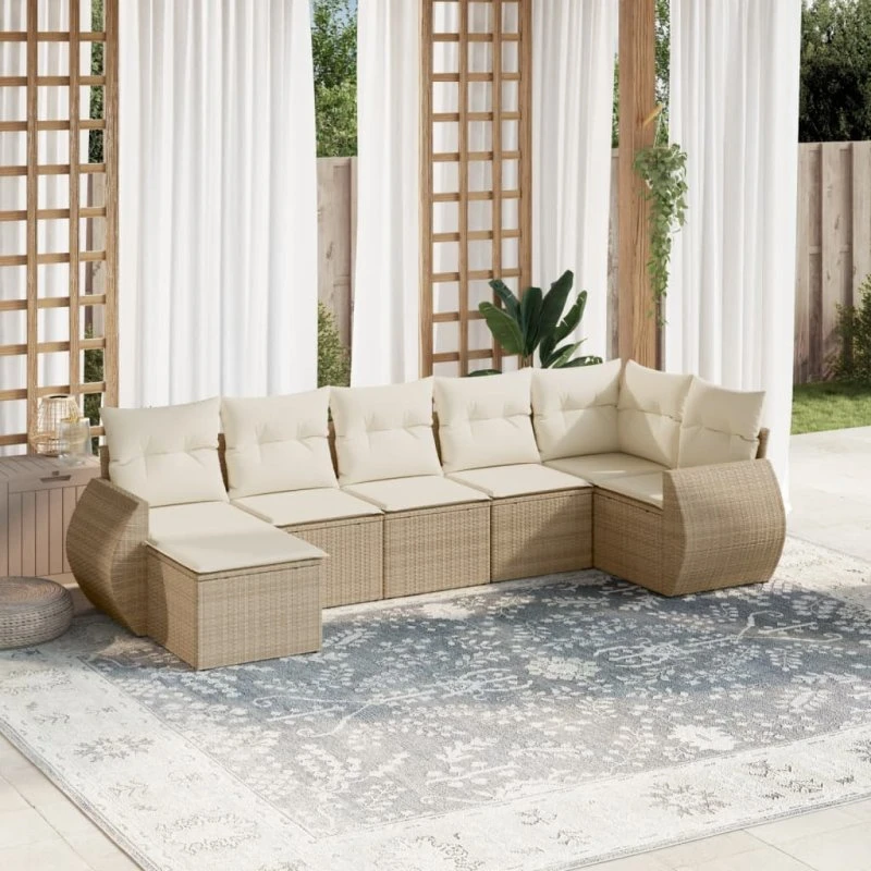 7-dele polyrattan sofasæt til haven med hynder, beige