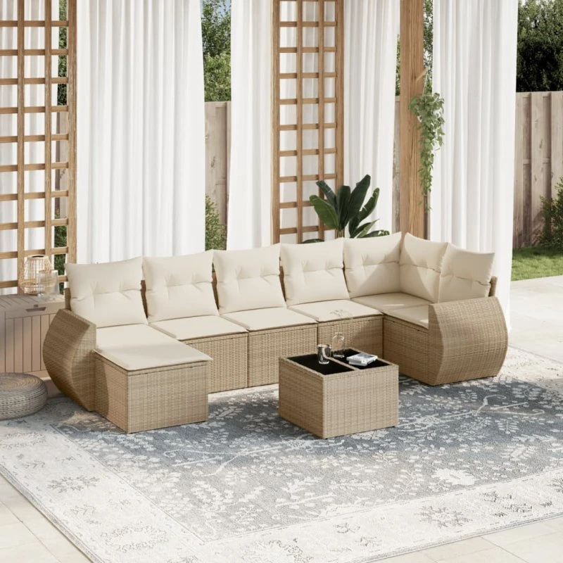 Havesofasæt 8 dele i polyrattan beige med hynder