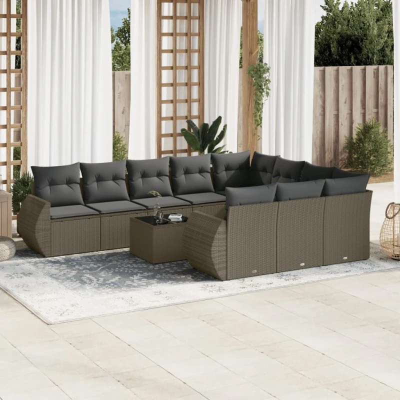 Loungesæt i polyrattan 11 dele med hynder, grå