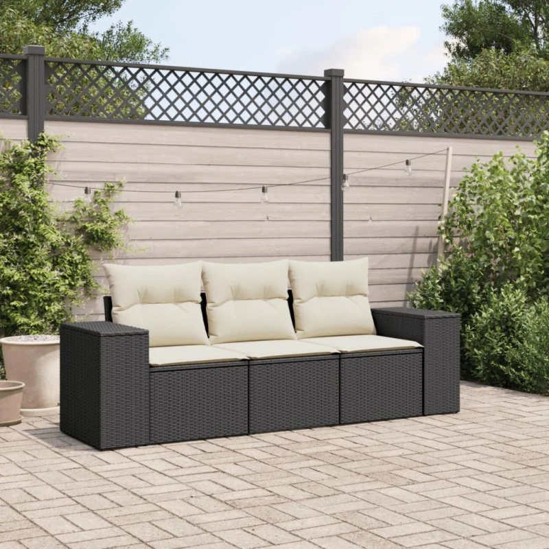 Havesofasæt 3 dele i sort polyrattan med hynder