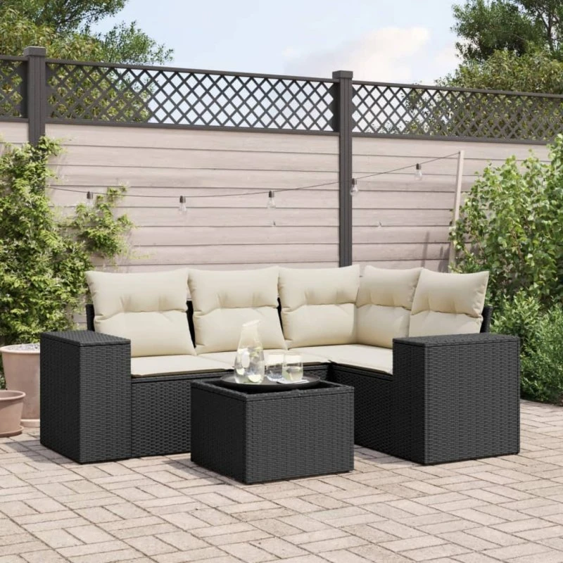Havesæt 5 dele i sort polyrattan med hynder