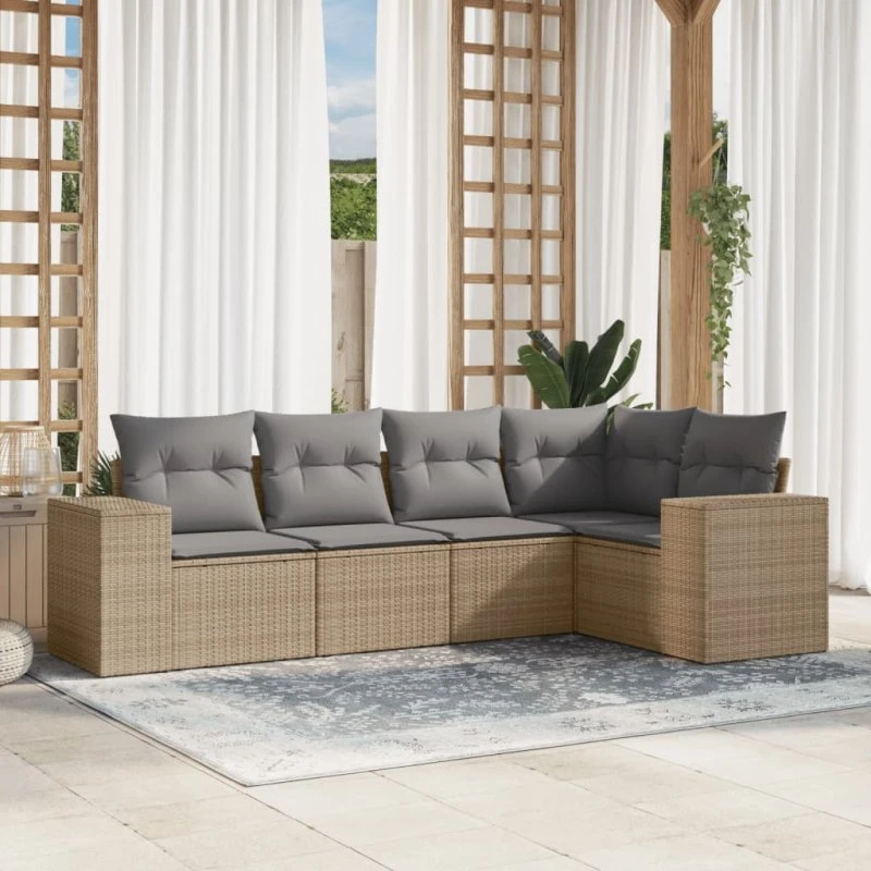 Havesæt 5 dele i polyrattan med hynder – beige