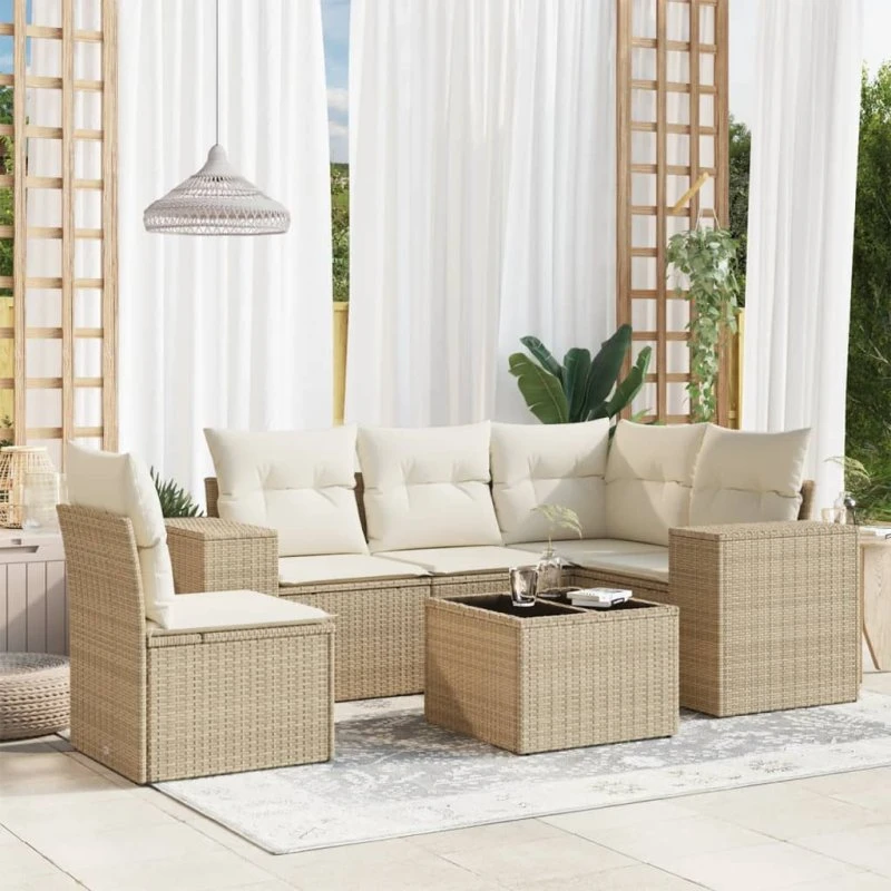 Havesofasæt 6 dele i beige polyrattan med hynder
