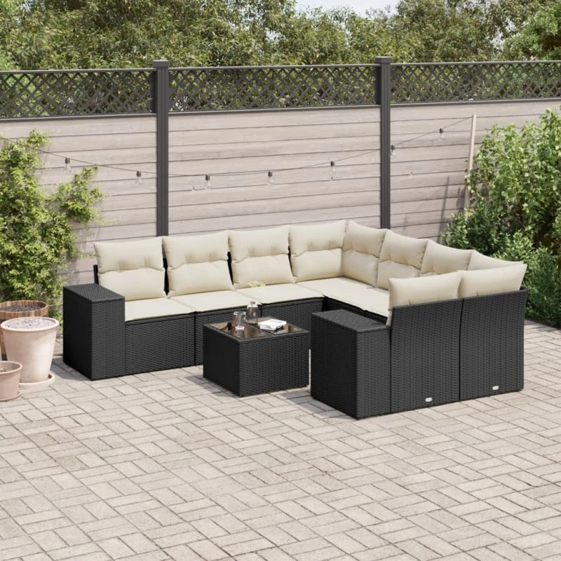 Sofasæt til haven 9 dele i sort polyrattan inkl. hynder
