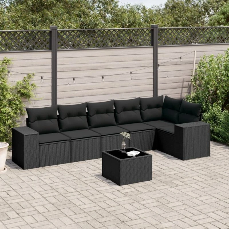 7-delers polyrattan sofasæt til haven med hynder - sort