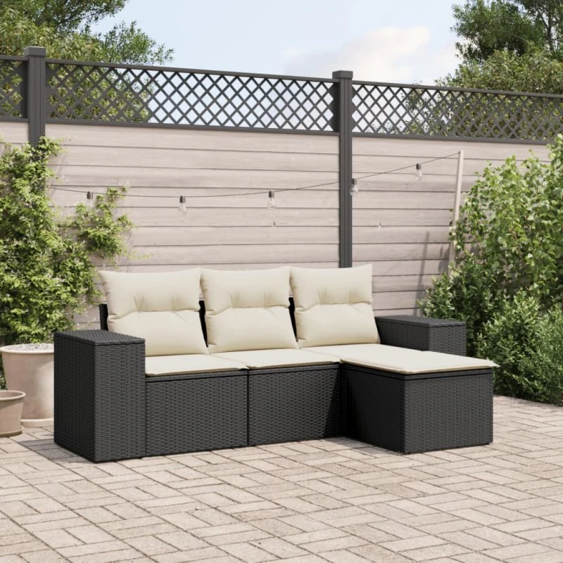 Sofasæt til haven 4 dele i sort polyrattan m. hynder
