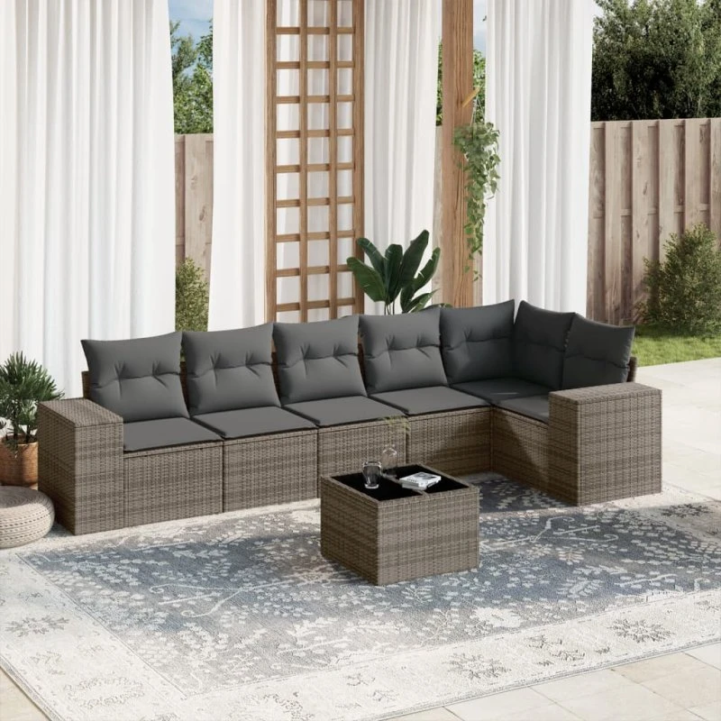Havesofa 7 dele i polyrattan med hynder, grå