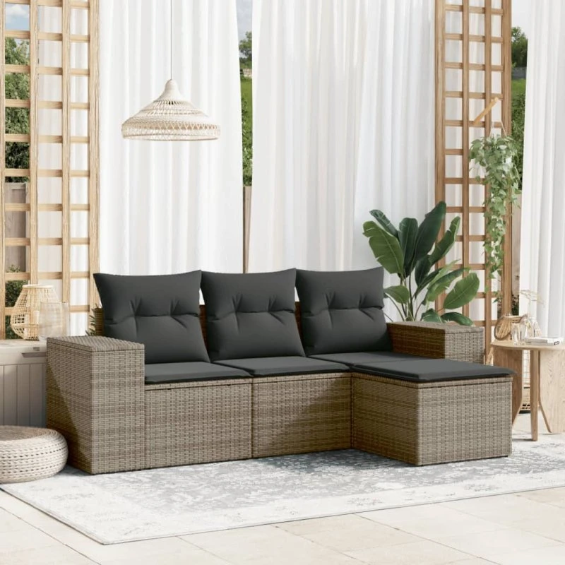Havesofasæt 4 dele i polyrattan med hynder, grå