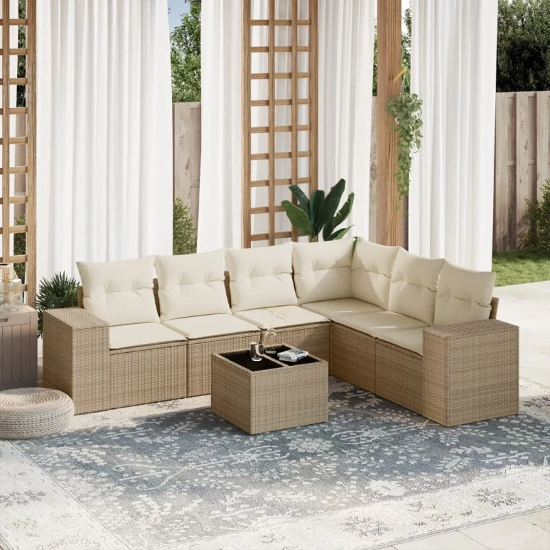 Sofasæt til haven 7 dele i polyrattan med hynder - beige