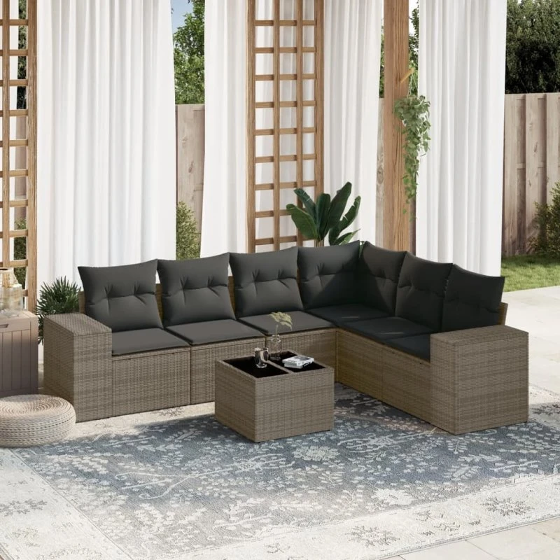 Havesofa sæt 7 dele i polyrattan med hynder - grå