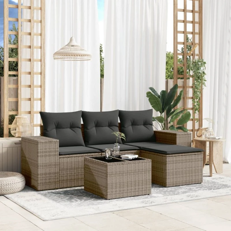 Havesofasæt 5 dele i polyrattan - grå med hynder