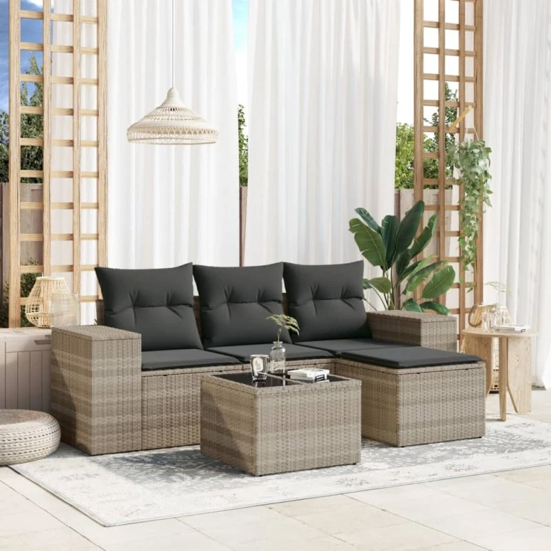 Sofasæt 5 dele i polyrattan med hynder - lysegrå