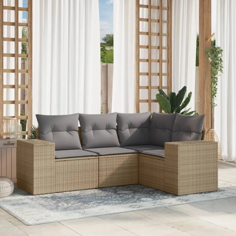 Havesofasæt 4 dele i polyrattan med hynder, beige